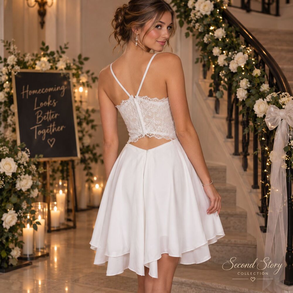 White Lace Open Back Mini Homecoming Dress Fit Flare Spaghetti Strap Formal